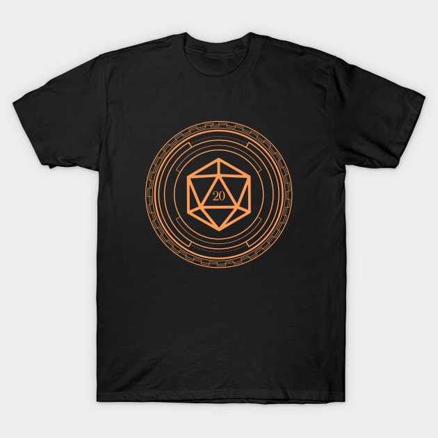 Minimalist Geometric Polyhedral D20 Dice Orange Tabletop Roleplaying RPG Gaming Addict T-Shirt by dungeonarmory
